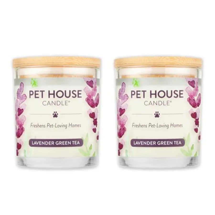 

Pet House Candle 2 Pack - Plant-Based/Soy - Clean Burning Scented Long Lasting Pet Odor Candle for Home - Lavender Green Tea