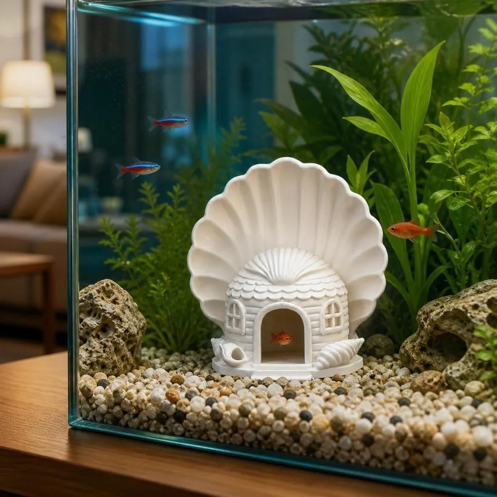 3D Printed Fish Hiding House Seashell Shaped Plastic Betta Shelter Breathable Natural Look Fish Tank Hideaway Office Decoration