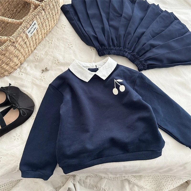 

Girls Top Spring and Autumn Western Style Contrast Color Collar Long Sleeve Hoodie Cherry Printed College Style Top