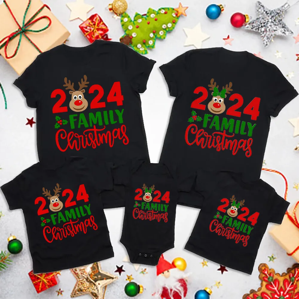 2024 Familie Kerst-En Hertenprint Familie Bijpassende Casual Korte Mouwen Kerstset Kerstdag Kerstvakantie Kleding