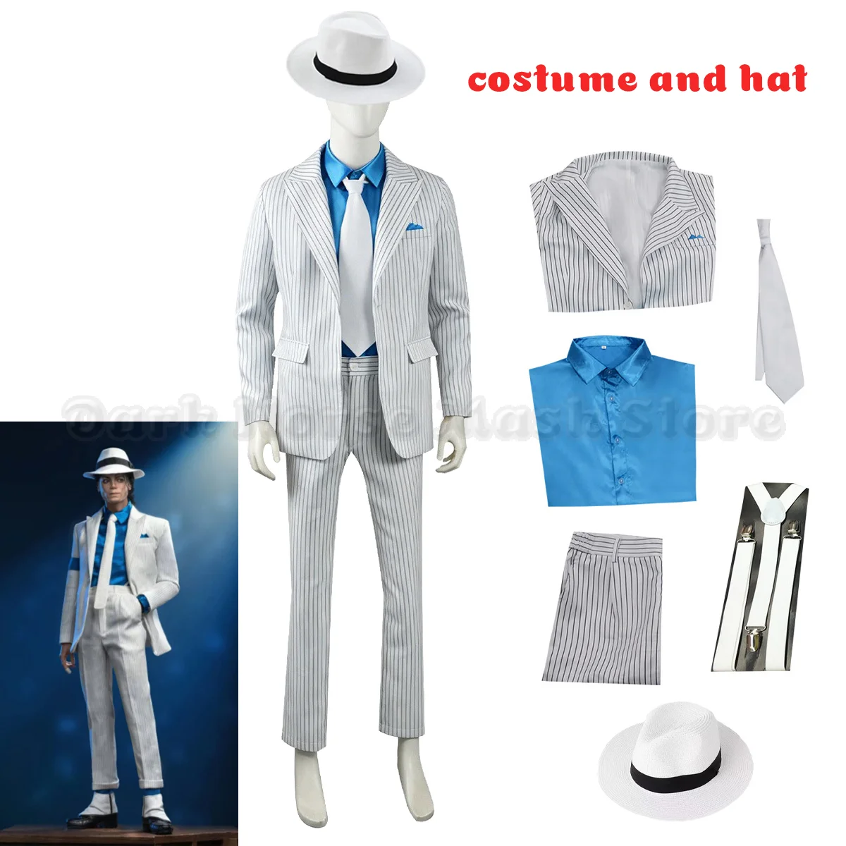 Costume da Cosplay di Michael Jackson alla Moda, Set MJ BAD Smooth Criminal con Giacca a Righe Bianche, Pantaloni e Cappello, Outfit Unisex per Hallow