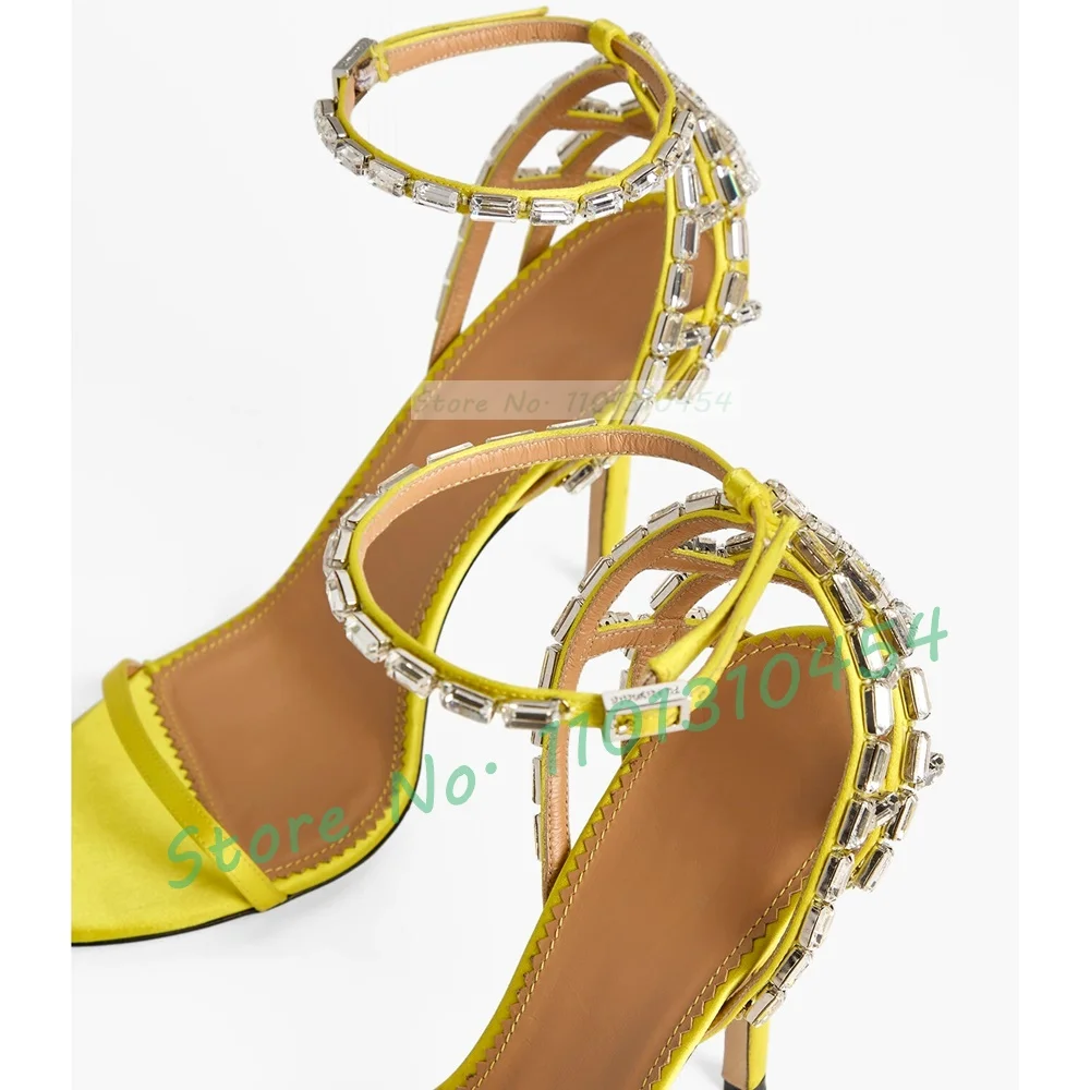 Yellow Cage Satin Sandals Women Luxury Crystal Cross Strap Cover Heel Stiletto Sandals Summer Elegant Ladies Outfit Party Shoes