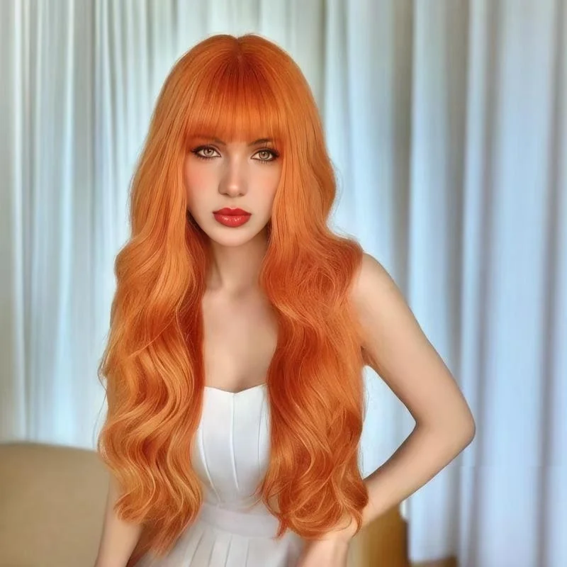 Orange Wigs Neat  Bangs Lovely Hair Girls Long Curly Wig for Women Daily Use Sythetic Fiber Heat Resistant Lovely Gift Peluca