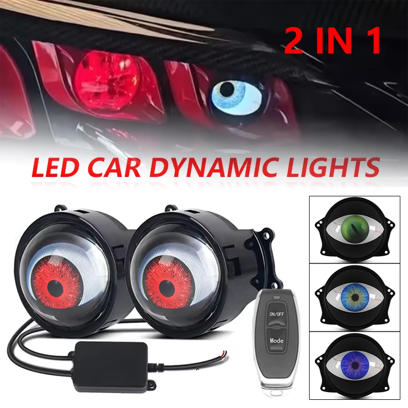 2 in 1 Dynamic LED Car Headlights Devil's Eye Decoration Headlight Assembly Fog lamp Remote Control Auto Retrofit Accessorie