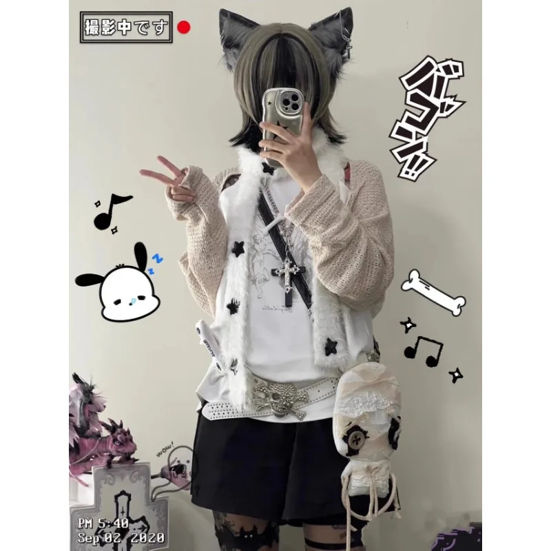 Stars Scarf Knitting Subculture Sweet Cool Autumn Winter 2024 New Scarf Women Y2k Harajuku White Knitted Cosplay Scarves