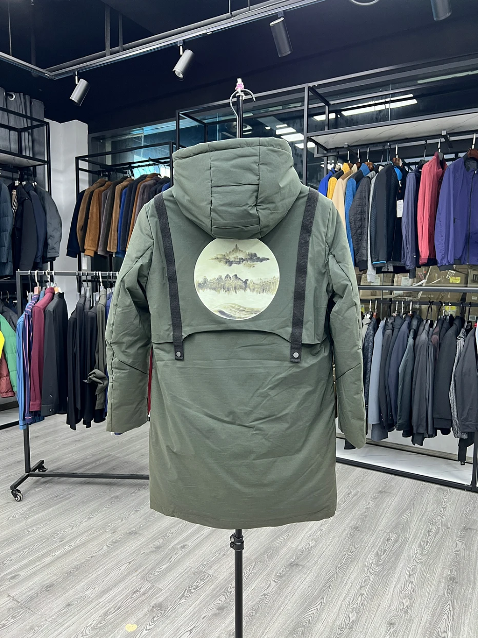 

Faionable Casual Du down Jaet Men's Hooded Printed Coat Long Sve Thiened Nylon Fabric Chinese Trend Sle Zipper C...