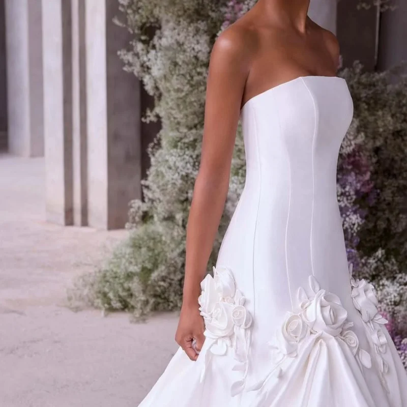

satin simple ivory white beading Appliques fishtail Wedding Dresses of A-line 3D flower Bridal Gowns Made Customized