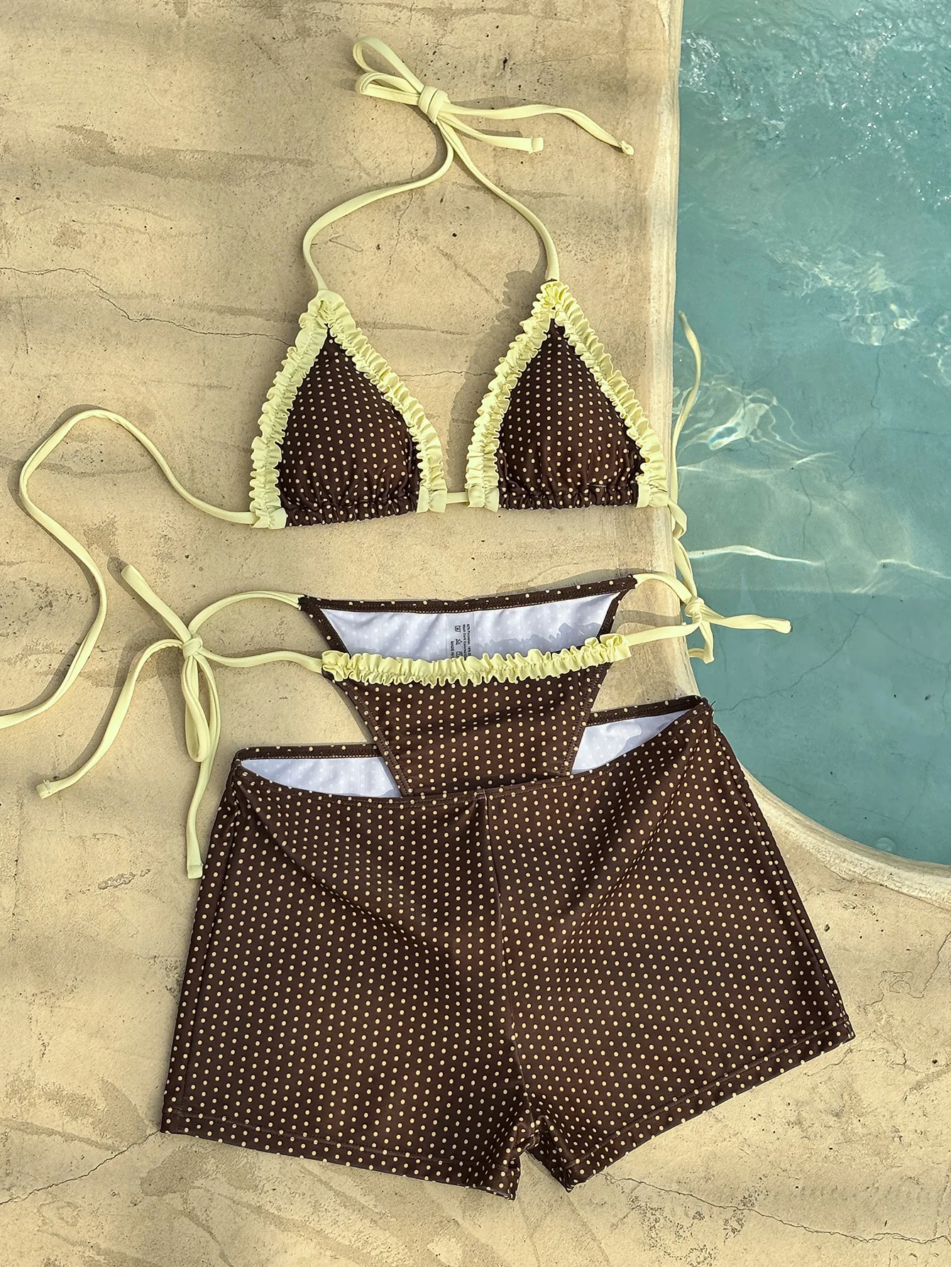 Women 3Pcs Polka Dot Bikini Set Dots Halter Bikinis Ruffle Trim Side Tie Thong Matching Swim Shorts Beach Swimwear Bathing Suit