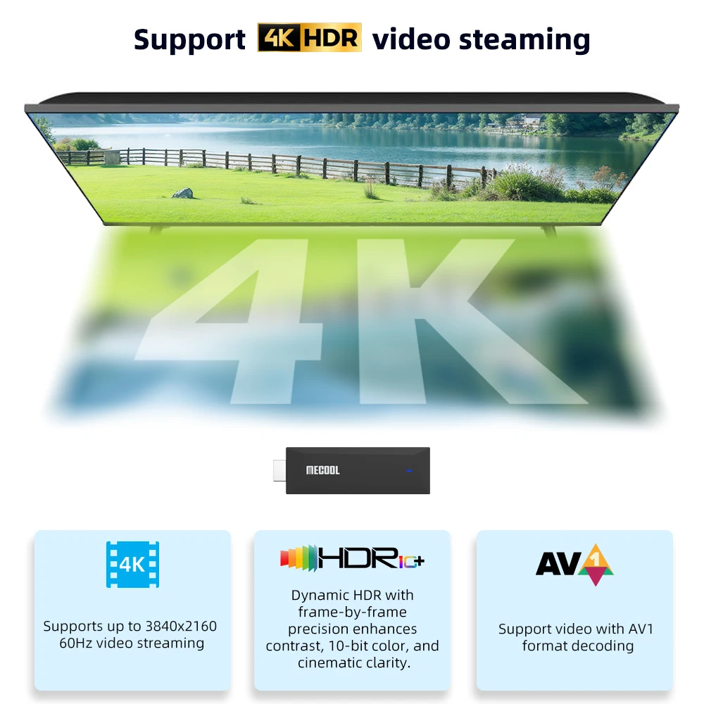 MECOOL MEgo1 4K TVStick 2025 مع مشغل تبخير Google المعتمد Netflix 4K AI SR/PQ 2+8G RTD 1325 HDR10+ WiFi 2.4G/5G BT5.0
