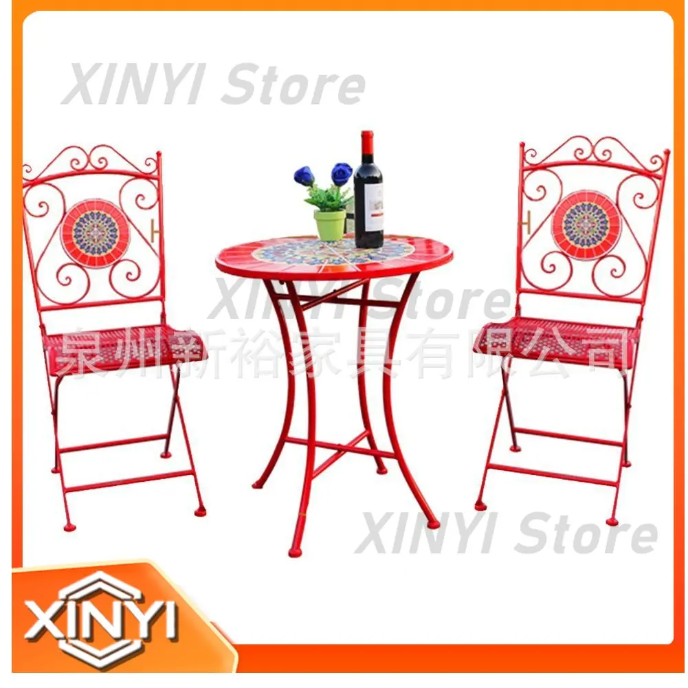 Mosaic Folding Table and Chairs Set for Outdoor Patio Balcony Tea Table Decorative Iron Art Furniture for Home Leisure Spaces