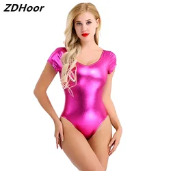 Womens Shiny Patent Leather Bodysuit New Arrivals Short Sleeve One-piece Leotard Dancewear