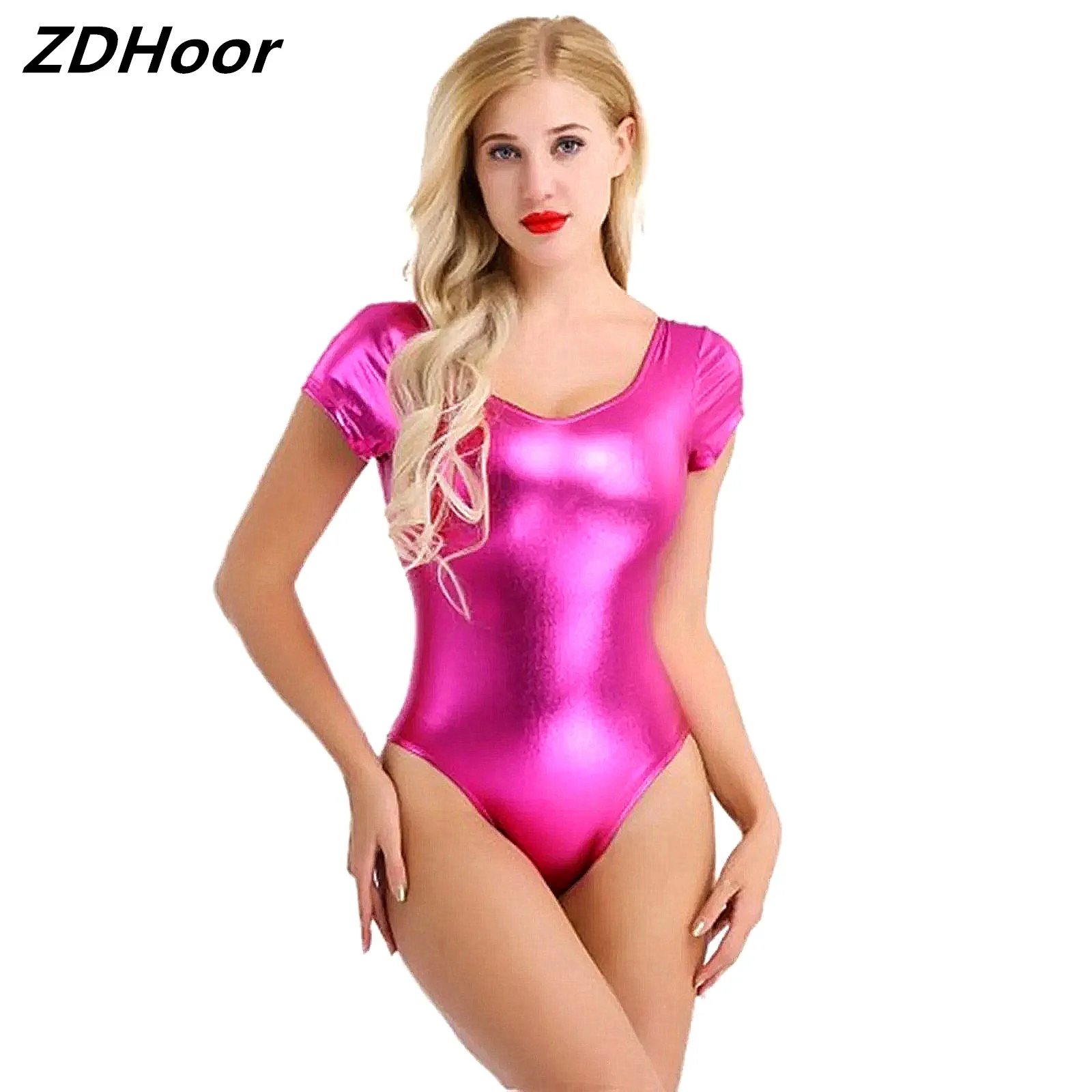 Womens Shiny Patent Leather Bodysuit New Arrivals Short Sleeve One-piece Leotard Dancewear