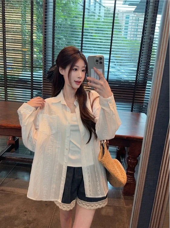 

Long Sleeve Shirts Womens Cotton Button Down Lantern Sleeves Pleated Hem Slim Fit Feminine Retro French Style Spring Clothing