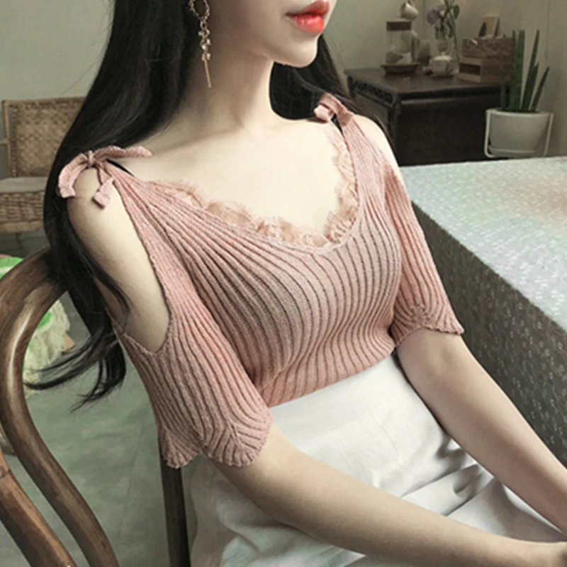 

Nude Pink Knot Tie oulder Bared Micro Transparent Knitted Top ort Sve Women's Faionable Commute Sle Color
