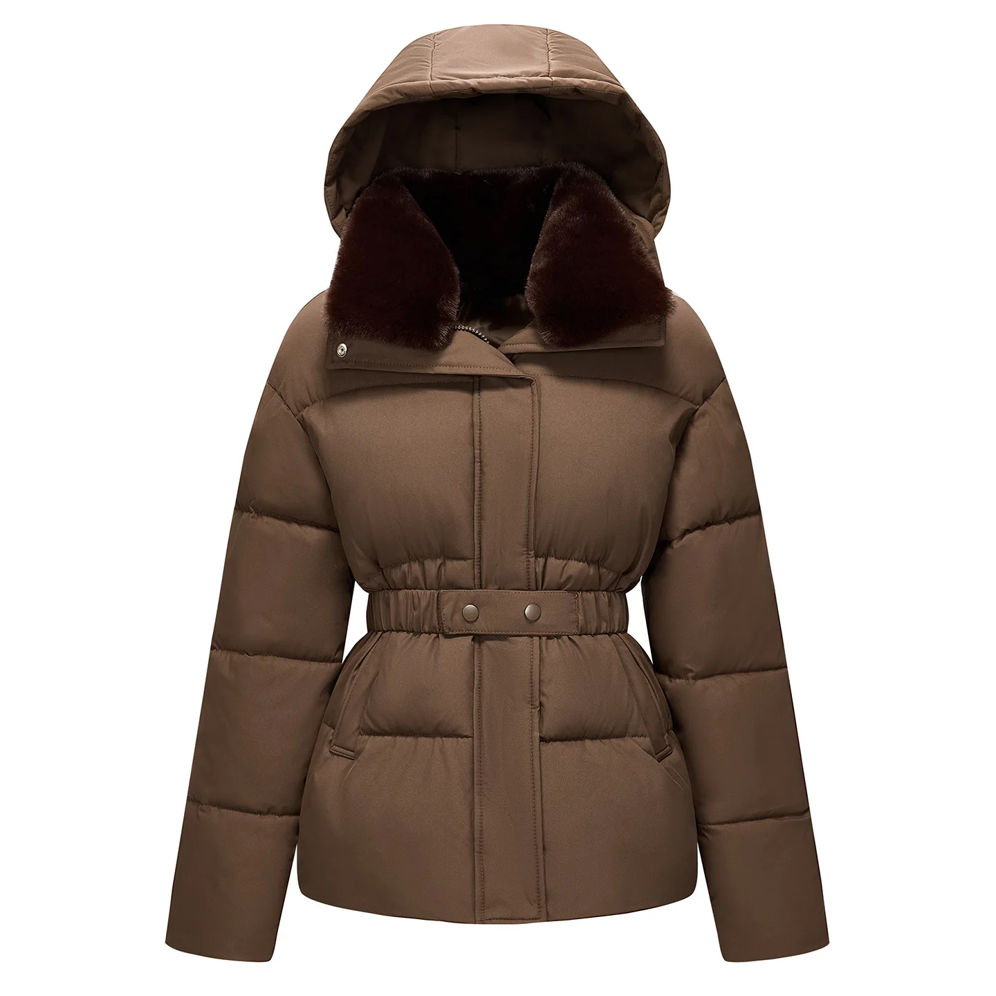 KIDCRKJ Women Winter Cotton Padded Jacket Hooded Faux Fur Collar Slim Waist Warm Quilted Coat Fashion Casual Thick Outerwear