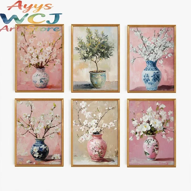 Vintage Chinoiserie Flower Vase Poster Beautiful Pink Floral Botanical Canvas Painting Wall Art for Living Room Home Decor Mural