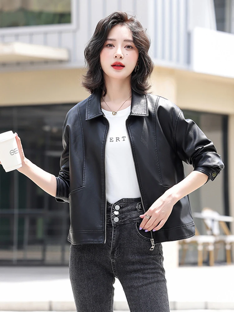2025年春秋レディース オーバーサイズ ルーズ スリムカラー シープスキンレザージャケット 大きいサイズ アウター 通勤 スタイリッシュ ファッション