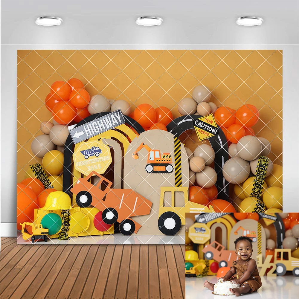

Engineering Vehicle Excavator Backdrop for Photography Boy Birthday Cake Smash Background Balloon Photo Banner Studio Props