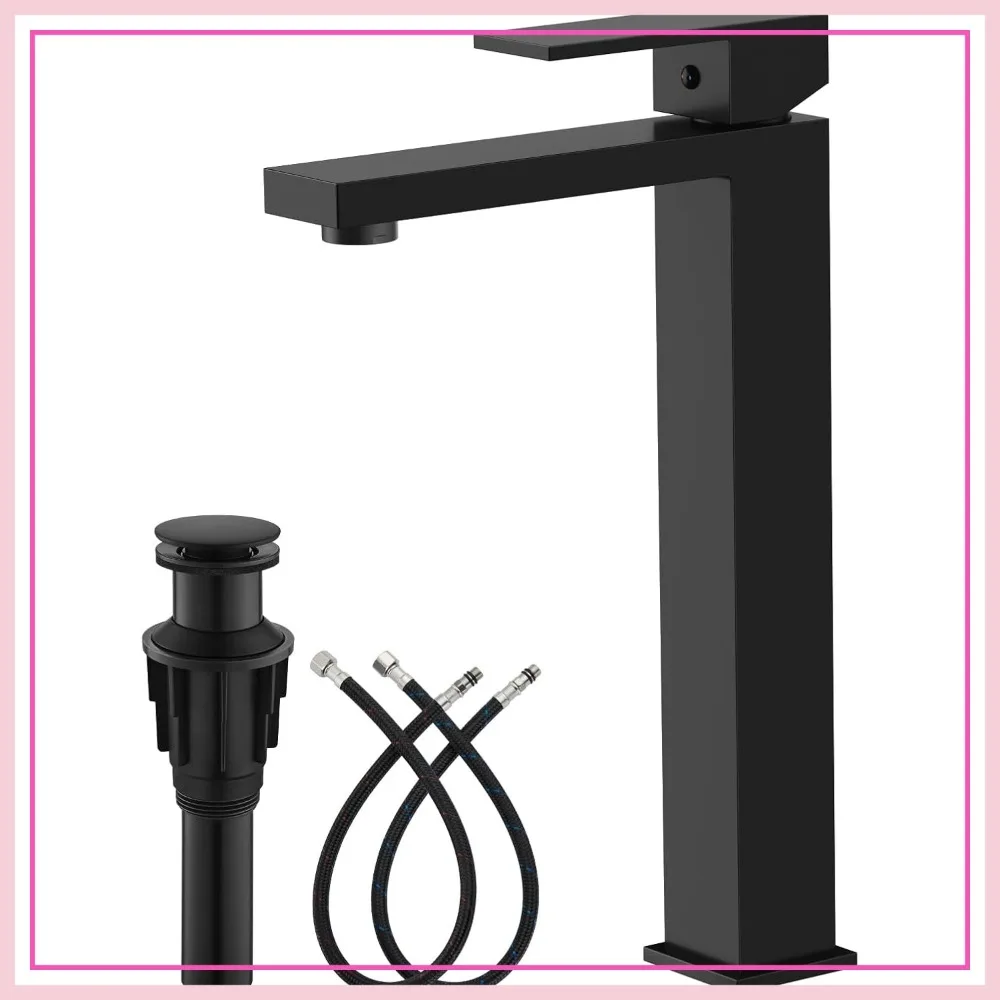 

Single Handle Tall Bathroom Faucet, Vessel Sink Mixer Tap with Pop Up Drain and Supply Hoses, Matte Black