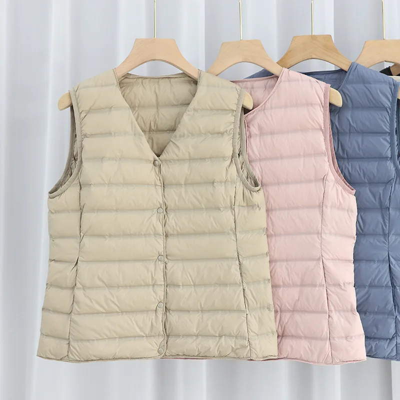 Chaleco de plumón de pato blanco ultraligero para mujer, chaqueta sin mangas, parka corta, cálida, talla grande, Otoño e Invierno