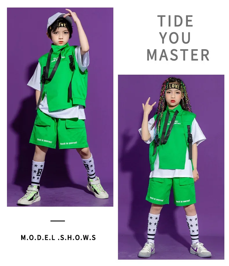 Kinder Hip-Hop-Kleidung, ärmelloses Jackenoberteil, T-Shirt, Streetwear, taktische Cargo-Jogginghose für Mädchen und Jungen, Tanzkostüm, Kleidung. – Detail 7