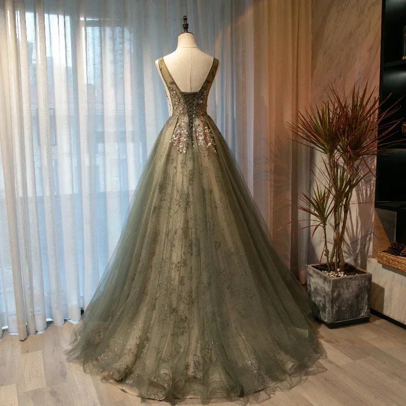 Evening Dresses Green Tulle Glitters O-neck Sleeveless A-line Floor-Length Trailing Lace Up Plus size Party Formal Gowns Woman