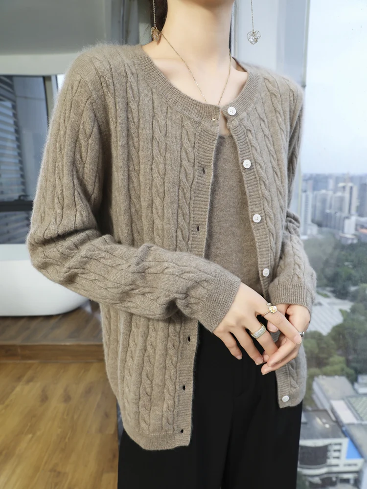 

Autumn Winter Women O-neck 30% Cashmere And 70% Merino Wool Sweater Twist Flower Cardigan Long Sleeve Vintage Knitwear Soft Tops