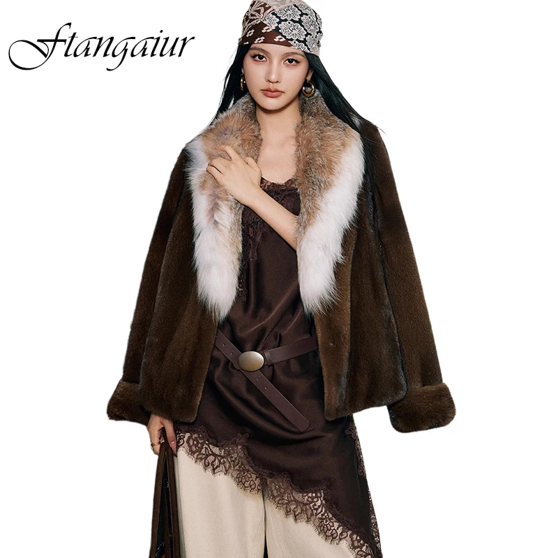 

Ftangaiur зимняя импортная бархатная норковая шуба, роскошная женская шуба с отложным воротником и длинными рукавами из натурального норкового меха