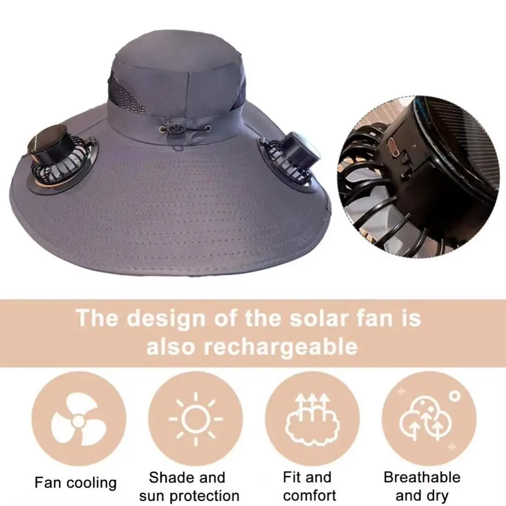 Convenient Removable Solar Fan Hat Breathable Dual Fan Wide Brim Sun Cap Quick-Drying 3 Speeds Fishing Bucket Hat Outdoor