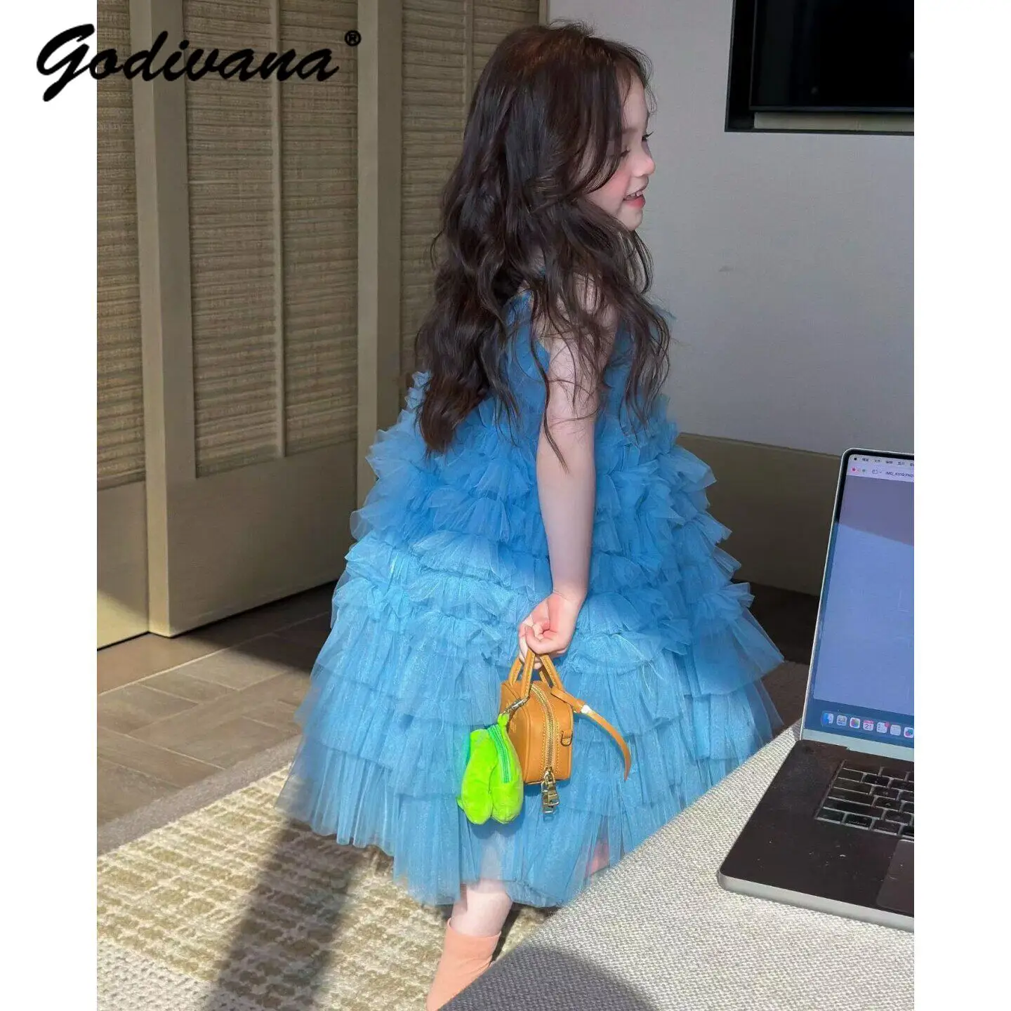 Sweet Cute Girls 2026 Spring and Summer New Beach Vacation Tulle Dress Kids High End Elegant Blue Sleeveless Mesh Princess Dress