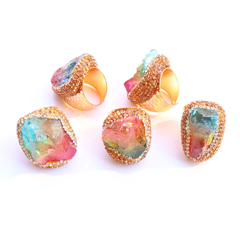 Irregular Rainbow Crystal Open Rings for Women Boho Micro Inlay Reiki Natural Stone Ring Wedding Jewelry with Tourmaline