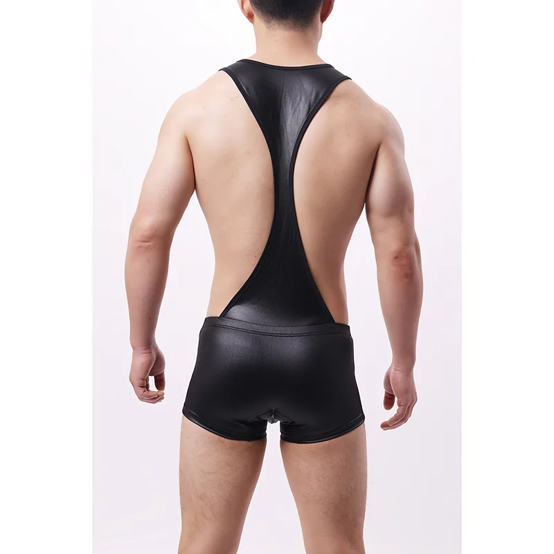 Mens Sexy Bodysuit Pu Leather Breathable Singletss Wrestling Sleeveless Underwear Sports Jockstrap U Convex Pouch Lingerie