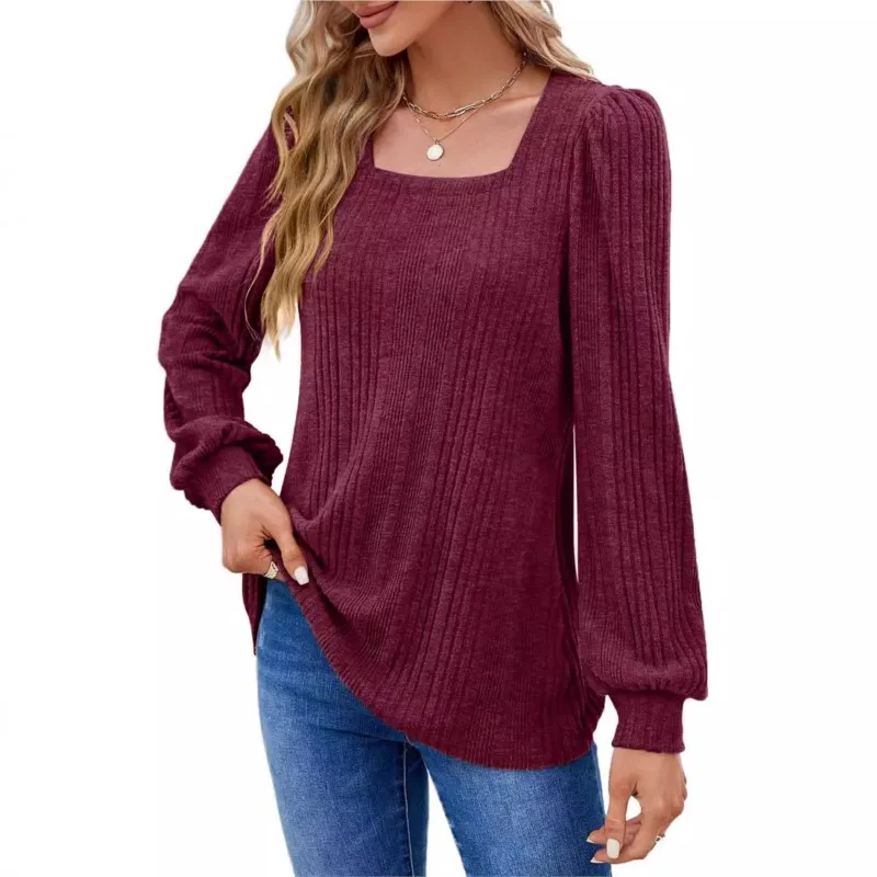 2024 Female Square Collar Long Sleeve T-Shirt Blouse Office Lady Spring Autumn New Fashion Elegant Solid T-Shirts For Women Tops