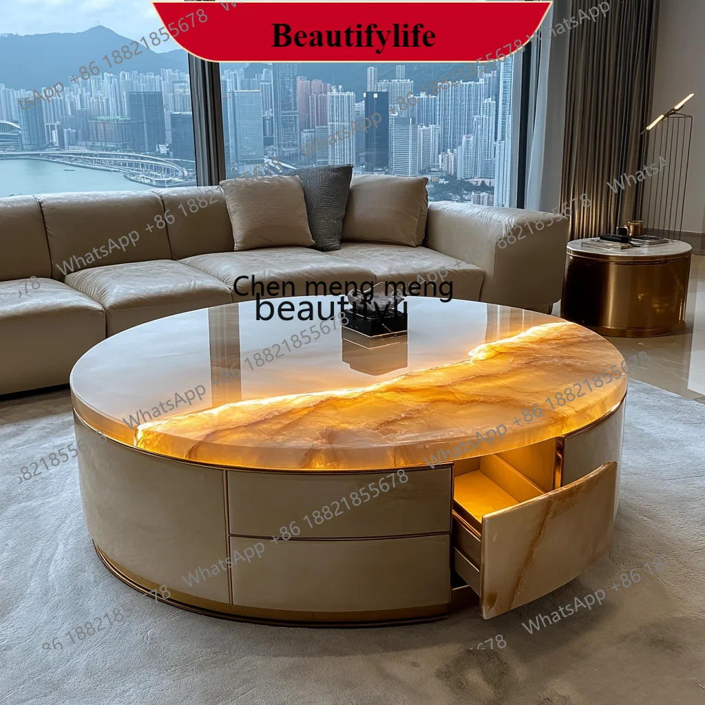 

G153 Luminous jade luxury stone leather coffee table light luxury villa large flat modern living room round coffee table