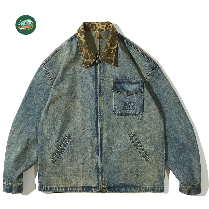 

MAQVOB Top Quality EU US Size Leopard Print Collar Washed Distressed Denim Jacket Unisex Loose Fit Vintage Workwear Jacket