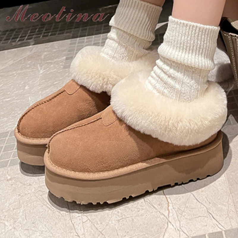 

Meotina Women Genuine Leather Ankle Short Boots Round Toe Flat Platform Mid Heels Wool Snow Boots Ladies Fashion Shoes Winter 40