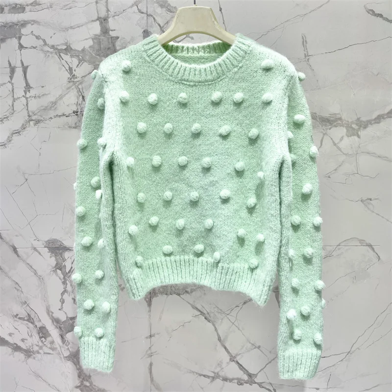 Women\'s sweater 2024 autumn New in three-dimensional dot decoration long sleeved top Wool blend round neck pullover y2k knitwear