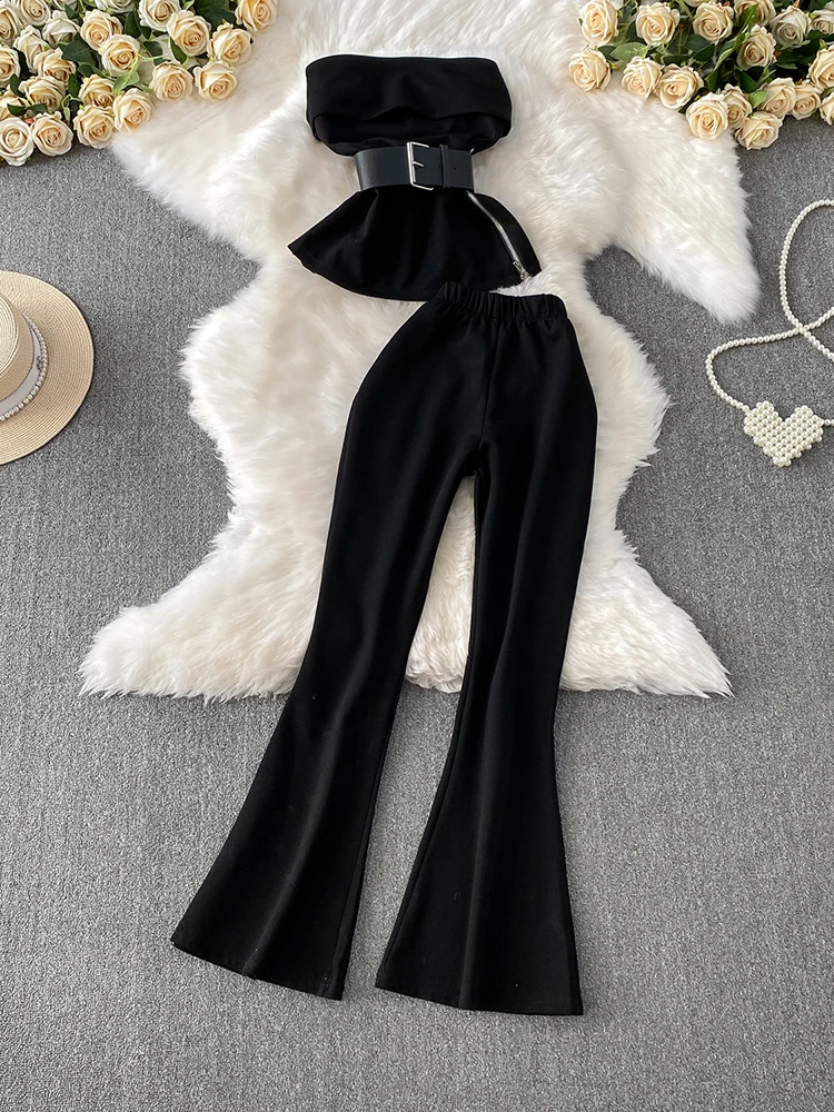 Off shoulder strapless vest design side zipper waist cinched top and high waisted flared pants set temperament two-piece set