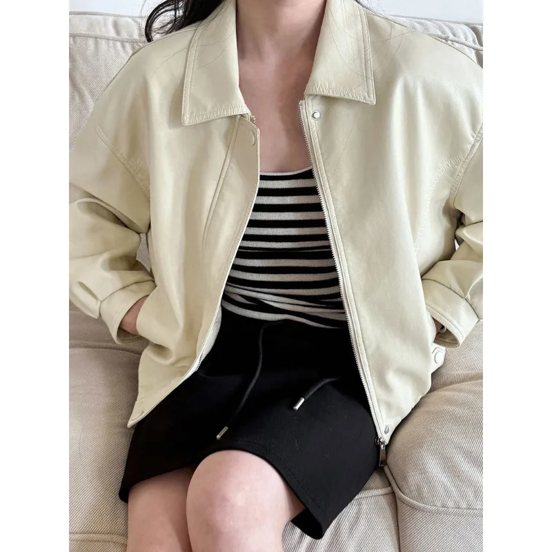Taille jaune courte veste en cuir synthétique polyuréthane femmes nouveau revers à manches longues manteau mode décontracté 2025 printemps automne femmes veste en cuir