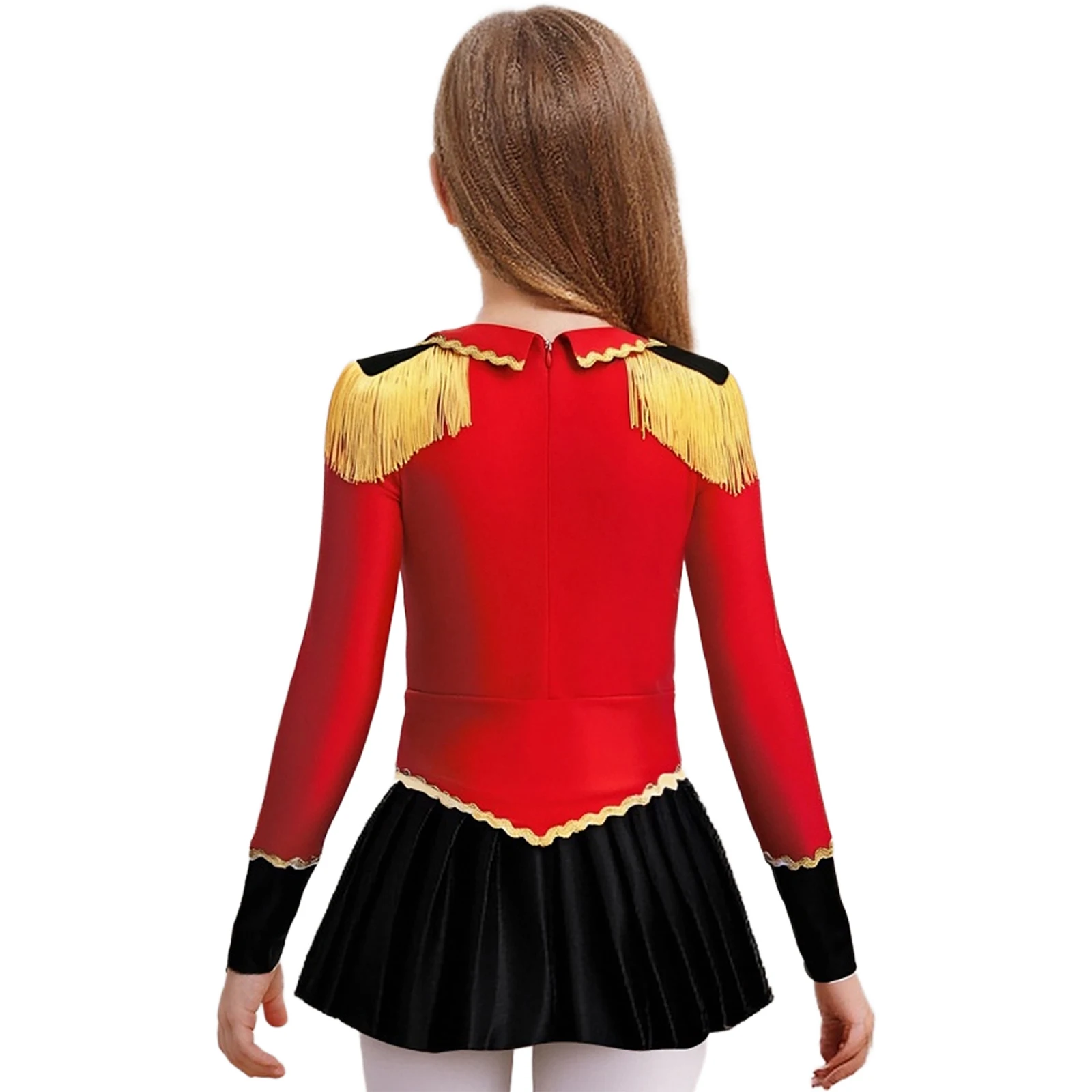 

Kids Girls Circus Costumes Halloween Cosplay Leotard Turn-Down Collar Long Sleeve Shoulder Epaulets Tassels Pleated Jumpsuit