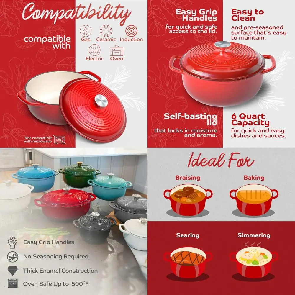 

Чугунная эмалированная кастрюля-духовка красного цвета, 6 кварт, с крышкой, для выпечки хлеба, тушения, запекания, сохранения тепла и удержания влаги