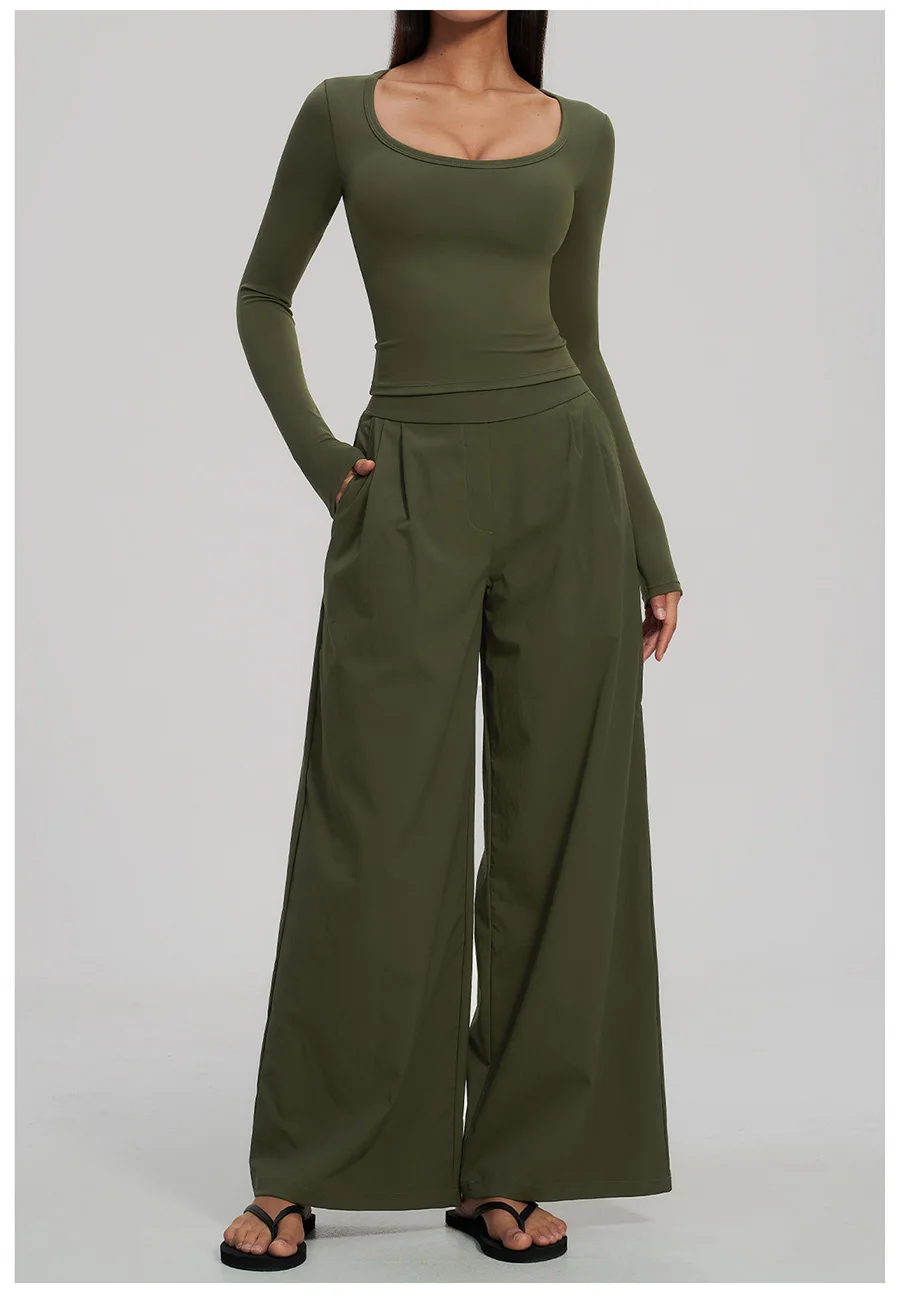 2-teiliges Yoga-Set für Damen, Langarm-Fitness-Oberteil, Trainingsanzug, Sportbekleidung, High-Waist-Hose mit geradem Bein, Fitness-Sportanzug – Detail 15