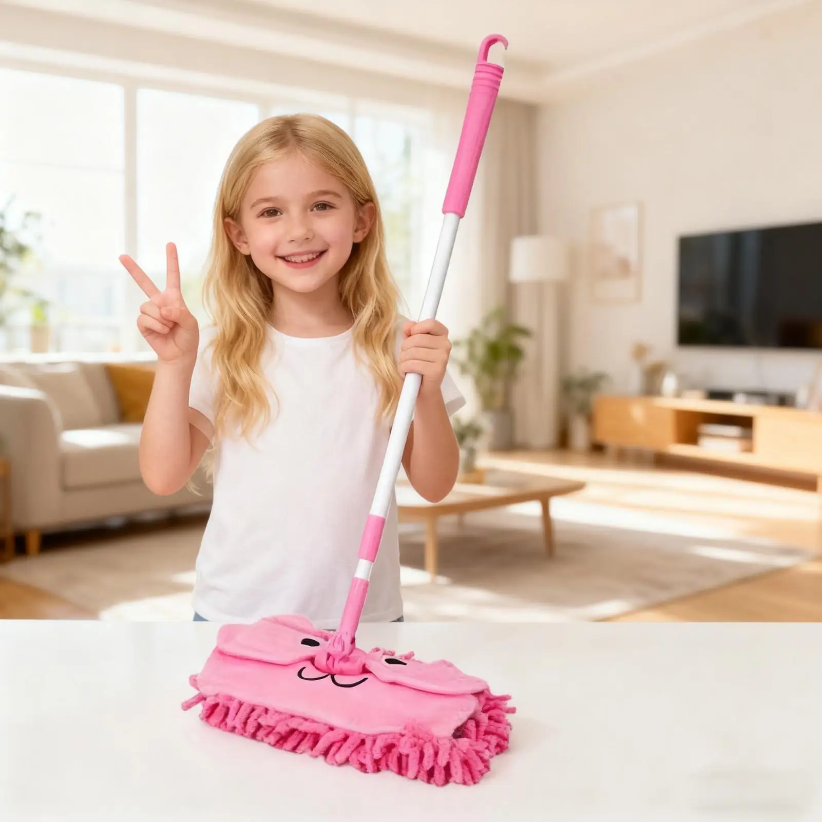 Kids Cleaning Toys Cute Telescopic Detachable Rotatable Cartoon Pretend Play Cleaning Mop For Boys Girls Early Childhood