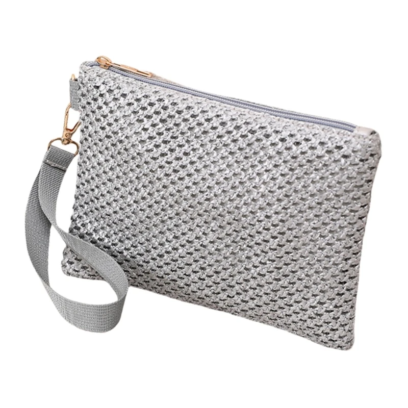 Fashionable Ladies Woven Clutch Purse Lightweight Beach Vacation Wristlet Bag Solid Color Straw Zippered Handbag Wallet