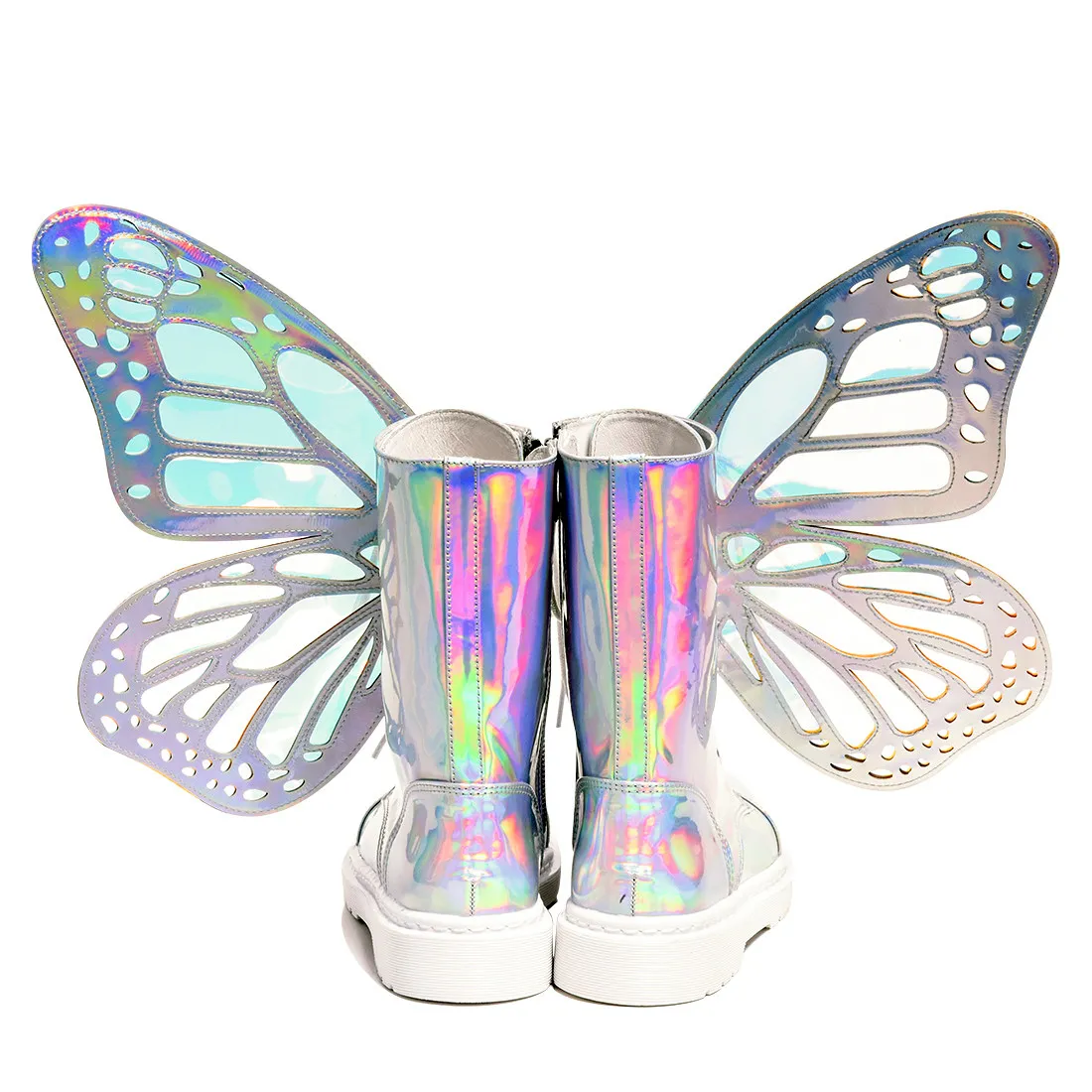 Women Holographic Butterfly Wing Decor Short Boots Round Toe Lace Up Side Zipper Glitter Punk Cosplay Festival Shoes Size 44