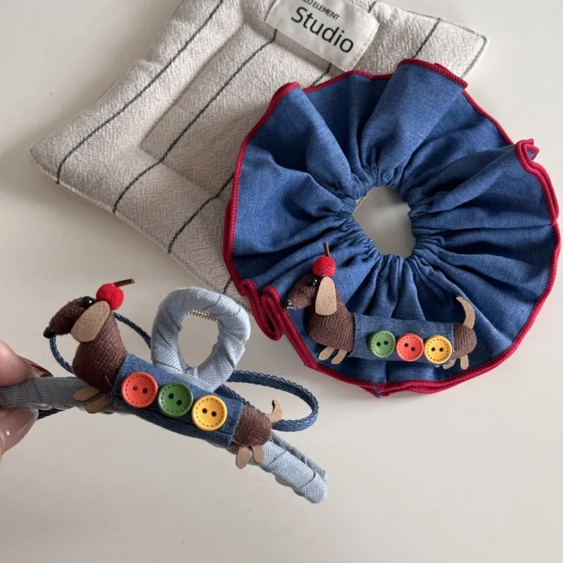 Button Cartoon Cute Dachshund Blue Scrunchie Adorable Hair Tie Bun Hair Rope Hair Accessory New Style