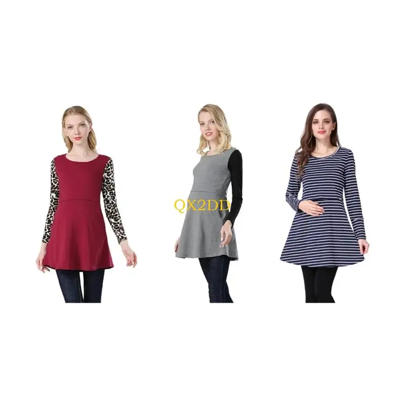 

QX2D Рубашка для кормления с длинными рукавами для беременных и комнатой для ребенка, эластичный топ из смеси хлопка для на