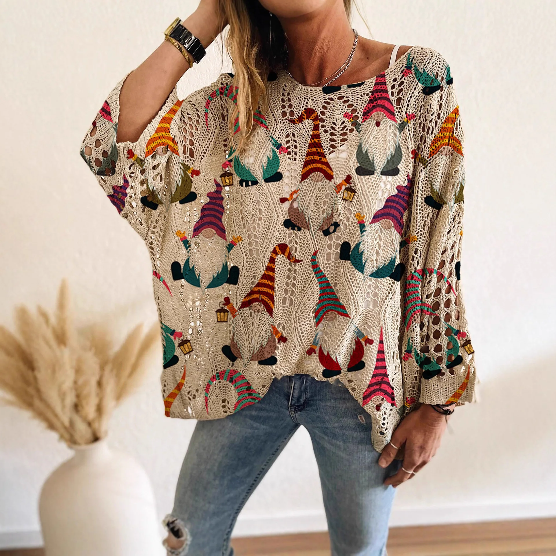Womens Holiday Pullover Autumn Winter Season Round Neck Hollowed Out New Shoulder Contrasting Color Christmas Print Knit Sweater