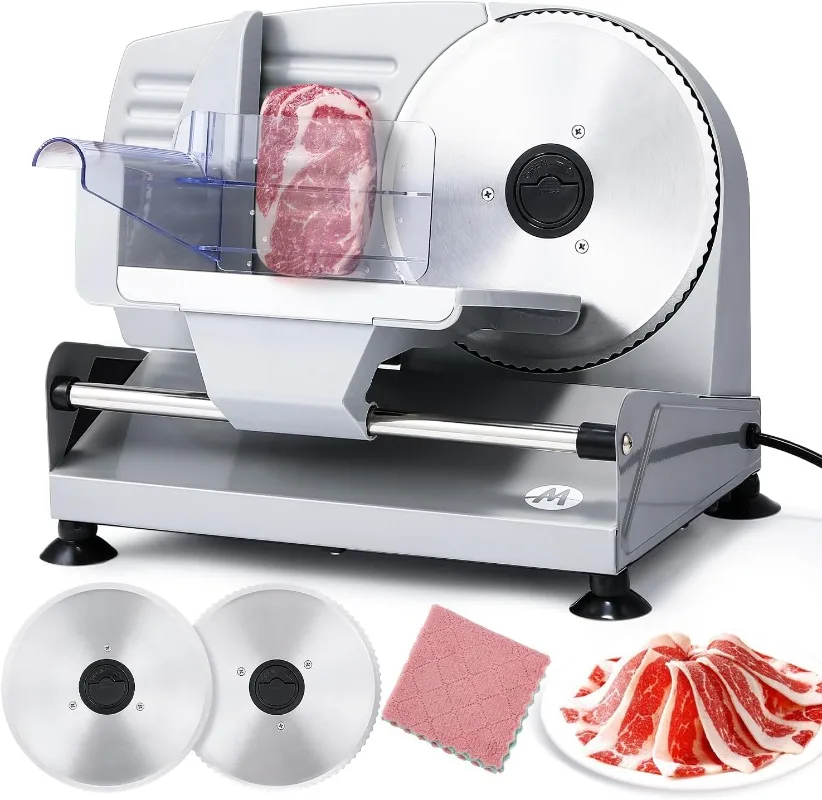 

Слайсер для мяса, 200 Вт, с 2 съемными лезвиями из нержавеющей стали диаметром 7,5 дюйма, слайсер для пищевых продуктов Deli, регулируемая толщина 0–15 мм, для детей