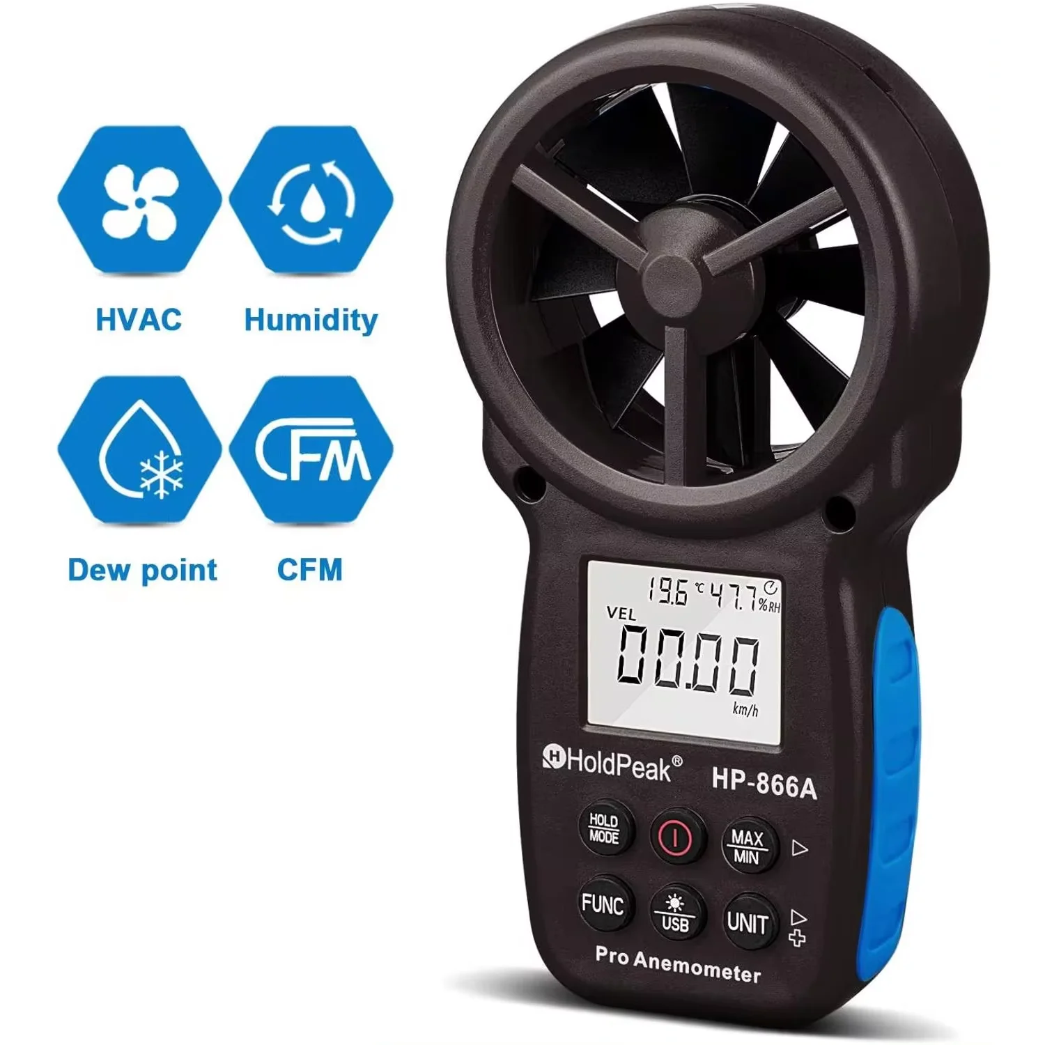 HoldPeak 866A Digital Anemometer - Wind Speed Meter Measures Wind Speed,Temperature,Wind flow with Data Hold & USB